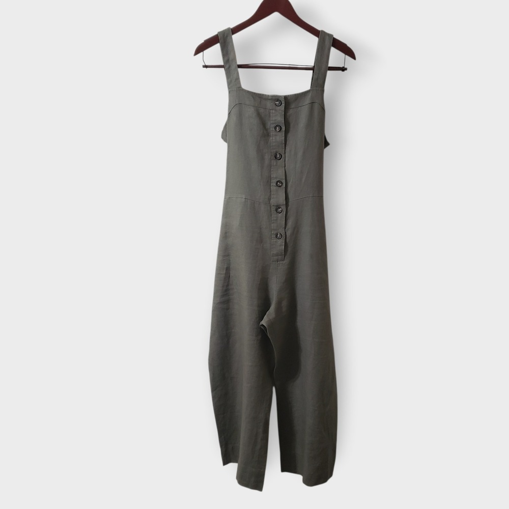 Everlane Olive Linen Button-Front Wide-Leg Jumpsuit